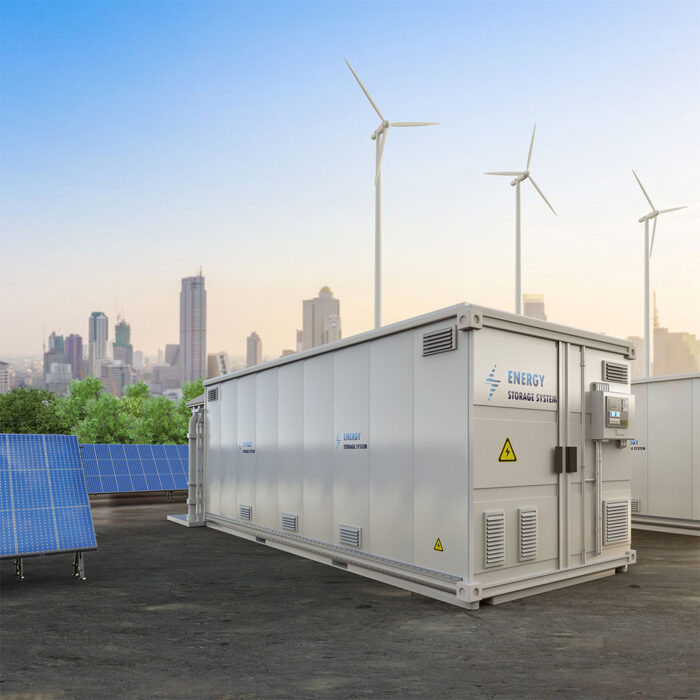 Battery Energy Storage Units near solar panels, wind turbines and a city