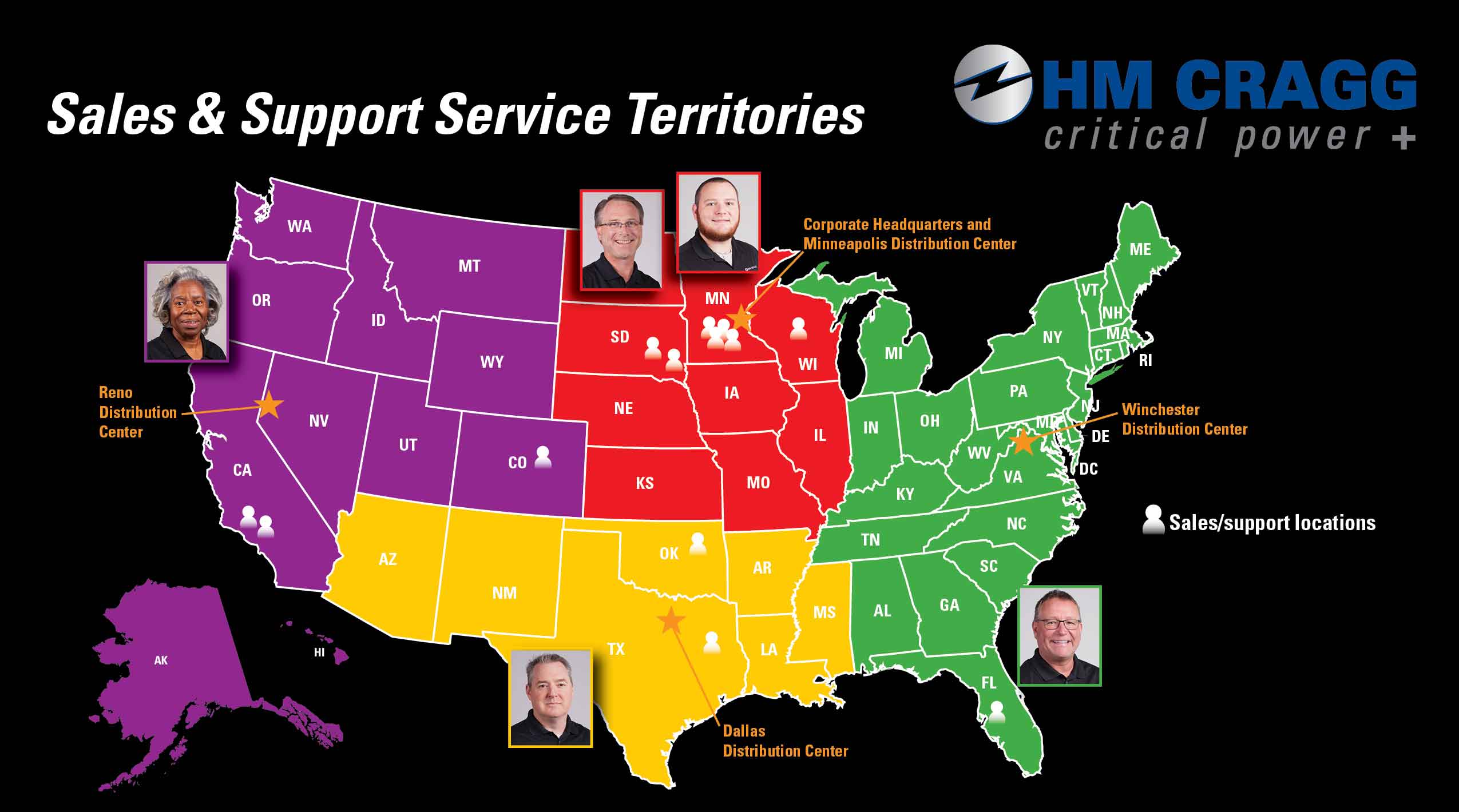 Map of the U.S. with sales territories in differing colors.